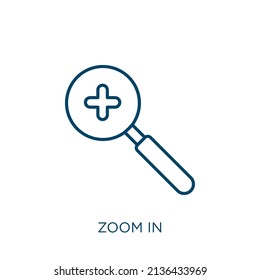 zoom in icon. Thin linear zoom in outline icon isolated on white background. Line vector zoom in sign, symbol for web and mobile
