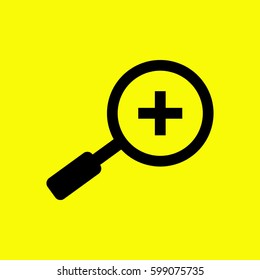 Zoom in icon vector. Black icon on yellow background