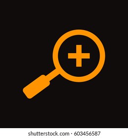 Zoom in icon vector. Orange icon on black background