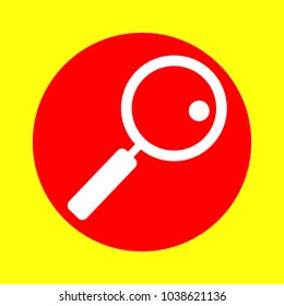 Zoom icon. Vector. White flat icon inside red circle at yellow background. Isolated.
