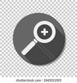 Zoom In icon. White flat icon with long shadow in circle on transparent background