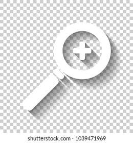 Zoom In icon. White icon with shadow on transparent background
