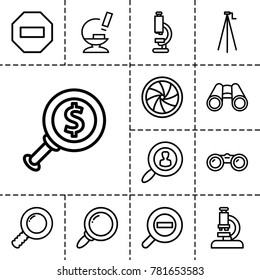 Zoom icons. set of 13 editable outline zoom icons such as microscope, dollar search, search, binoculars, minus, camera shutter, camera tripod, zoom out