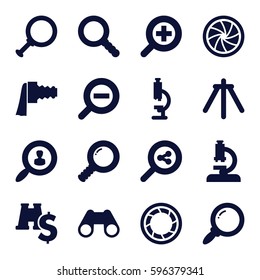 zoom icons set. Set of 16 zoom filled icons such as binoculars, search, camera shutter, camera tripod, user search, binoculars with dollar sign