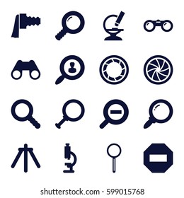 zoom icons set. Set of 16 zoom filled icons such as binoculars, microscope, magnifier, search, camera shutter, camera tripod, user search, dollar search
