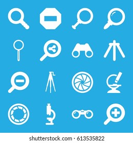 Zoom icons set. set of 16 zoom filled icons such as binoculars, microscope, magnifier, search, camera shutter, camera tripod, dollar search, minus