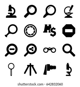 Zoom icons set. set of 16 zoom filled icons such as microscope, magnifier, search, camera shutter, camera tripod, binoculars, binoculars with dollar sign, dollar search, minus