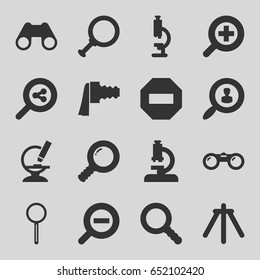 Zoom icons set. set of 16 zoom filled icons such as binoculars, microscope, magnifier, search, camera tripod, user search