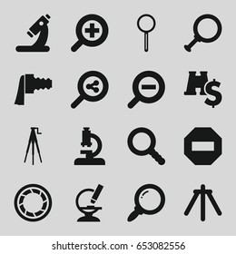 Zoom icons set. set of 16 zoom filled icons such as microscope, magnifier, search, camera shutter, camera tripod, binoculars with dollar sign, dollar search, minus