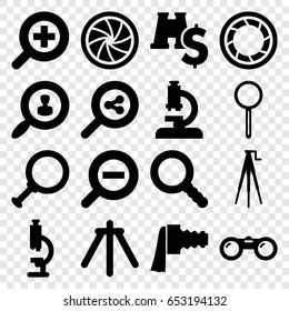 Zoom icons set. set of 16 zoom filled icons such as magnifier, search, camera shutter, camera tripod, user search, binoculars, binoculars with dollar sign