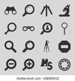 Zoom icons set. set of 16 zoom filled icons such as microscope, binoculars, magnifier, search, camera shutter, camera tripod, user search, binoculars with dollar sign