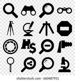 Zoom icons set. set of 16 zoom filled icons such as binoculars, microscope, magnifier, search, camera shutter, camera tripod, binoculars with dollar sign, minus