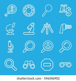 zoom icons set. Set of 16 zoom outline icons such as microscope, binoculars, magnifier, search, camera zoom, camera shutter, camera tripod, user search, dollar search, minus
