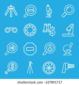 Zoom icons set. set of 16 zoom outline icons such as microscope, camera shutter, camera tripod, user search, binoculars, dollar search, minus