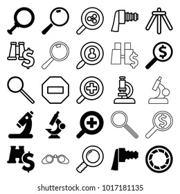 Zoom icons. set of 25 editable filled and outline zoom icons such as dollar search, microscope, binoculars with dollar sign, camera shutter, search, minus, camera tripod