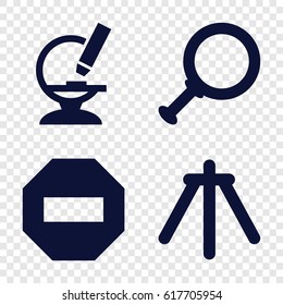 Zoom icons set. set of 4 zoom filled icons such as microscope, camera tripod, dollar search
