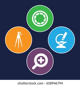 Zoom icons set. set of 4 zoom filled icons such as microscope, camera shutter, camera tripod