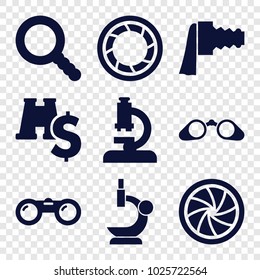 Zoom icons. set of 9 editable filled zoom icons such as microscope, binoculars with dollar sign, search, camera zoom, camera shutter