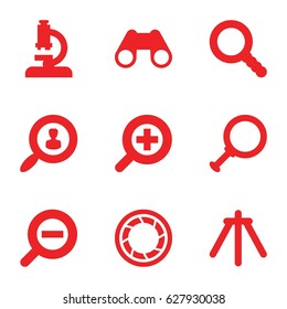 Zoom icons set. set of 9 filled icons such as binoculars, search, camera shutter, tripod, user search, microscope