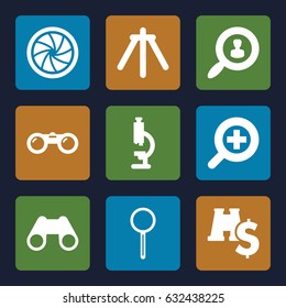 Zoom icons set. set of 9 zoom filled icons such as binoculars, magnifier, camera shutter, camera tripod, zoom in, user search, binoculars with dollar sign