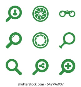 Zoom icons set. set of 9 zoom filled icons such as search, camera shutter, zoom in, user search