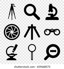 Zoom icons set. set of 9 zoom filled icons such as microscope, magnifier, search, camera shutter, camera tripod, zoom out