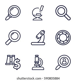 zoom icons set. Set of 9 zoom outline icons such as microscope, search, camera shutter, user search