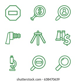 Zoom icons set. set of 9 zoom outline icons such as camera tripod, user search, microscope, dollar search, minus, search