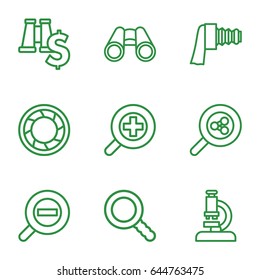 Zoom icons set. set of 9 zoom outline icons such as binoculars, search, camera shutter, microscope, search share
