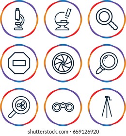 Zoom icons set. set of 9 zoom outline icons such as microscope, search, camera shutter, camera tripod, binoculars, minus