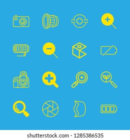 zoom icons set with cmera empty battery, zoom out and plus magnification zoom vector set