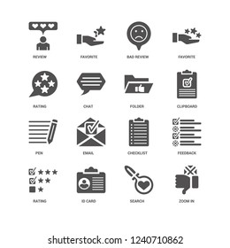 Zoom in, Clipboard, Folder, Rating, Feedback, Review, Pen, Search, Id card, Bad review icon 16 set EPS 10 vector format. Icons optimized for both large and small resolutions.