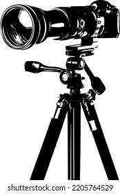 Zoom lens camera stand silhouette, zoom lens camera sketch drawing, zoom lens camera vector