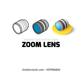 Zoom lens icon, vector symbol in flat, outline and isometric style