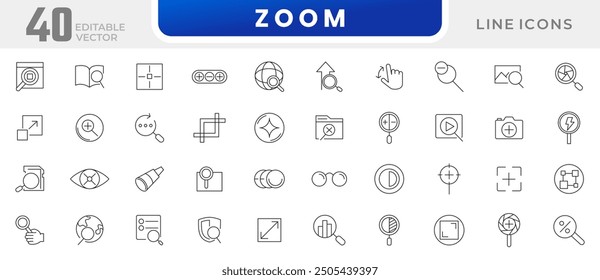 Zoom line icon collection. Search, out, in, search magnifiers, screen, fullscreen, page, video, minimize and maximize icon set. UI outline icons pack