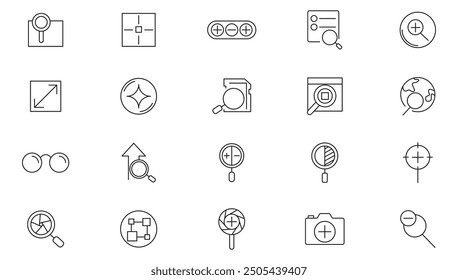 Zoom line icon collection. Search, out, in, search magnifiers, screen, fullscreen, page, video, minimize and maximize icon set. UI outline icons pack