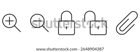 Zoom, lock-unlock, attach icon set vector illustration in minimal outline style for interface UI symbol search secure file access design.