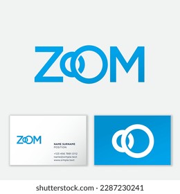 Zoom logo. Letters O like camera lens. Identity, web buttons.