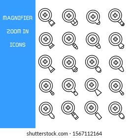 zoom in magnifier glass icons set
