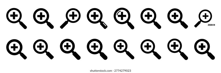 zoom in magnifier icon set