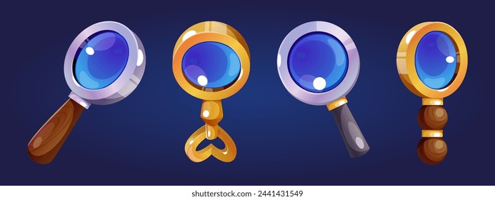 Zoom with magnify glass and search lens icon set. Game lupa to find or focus element. Discover and monitoring information or analyze seo equipment. Scientific detective seek and spy tool design