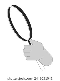 Zoom magnifying glass cartoon human hand outline illustration. Holding loupe 2D isolated black and white vector image. Focus exploration. Lens searching flat monochromatic drawing clip art