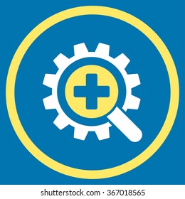 Zoom Medical Technology vector icon. Style is bicolor flat circled symbol, yellow and white colors, rounded angles, blue background.