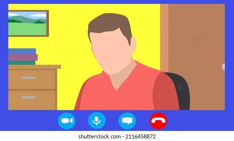 Zoom Meeting, A Guy Sitting By The Laptop Screen.
Flat Vector Art, Simplified Illustration.