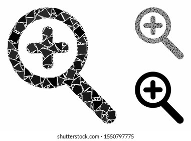 Zoom in mosaic of abrupt items in different sizes and color tones, based on zoom in icon. Vector abrupt parts are composed into collage. Zoom in icons collage with dotted pattern.
