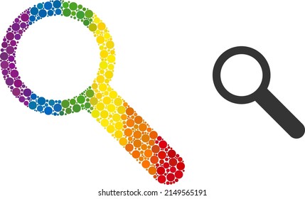 Zoom mosaic icon of circle elements in different sizes and spectrum color tones. A dotted LGBT-colored zoom for lesbians, gays, bisexuals, and transgenders. Vector pictogram in LGBT flag colors.