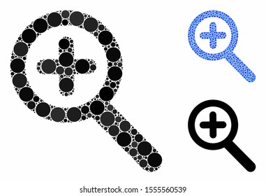 Zoom in mosaic of round dots in variable sizes and color tints, based on zoom in icon. Vector round dots are united into blue mosaic. Dotted magnifier icon in usual and blue versions.