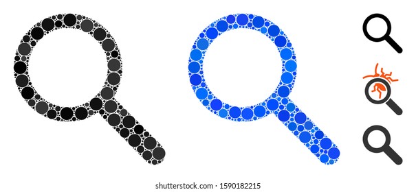 Zoom mosaic of small circles in various sizes and color tones, based on zoom icon. Vector small circles are organized into blue collage. Dotted zoom icon in usual and blue versions.