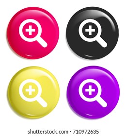 Zoom in multi color glossy badge icon set. Realistic shiny badge icon or logo mockup