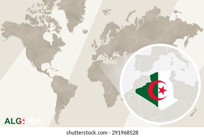 Zoom on Algeria Map and Flag. World Map.
